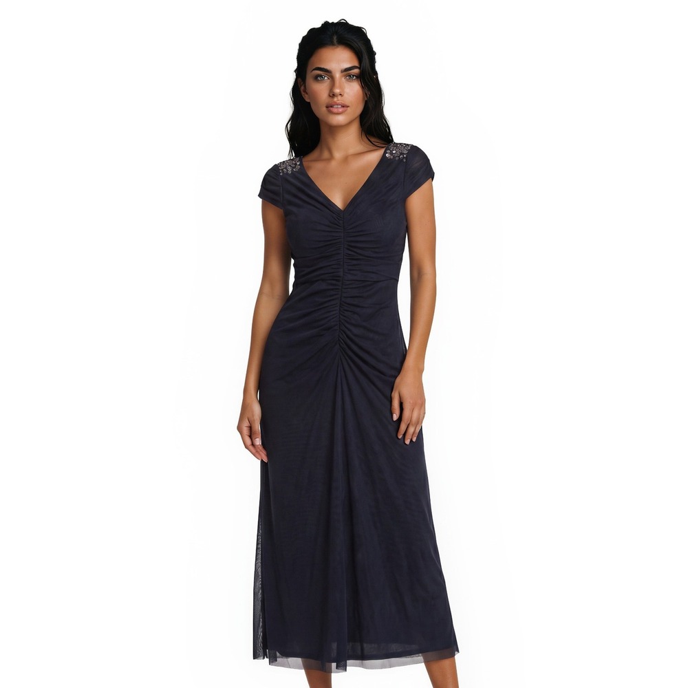 Alex Evenings Gown‎ Dress Women's Size 14 Blue Gray Ruched Mesh Rhinestone Maxi